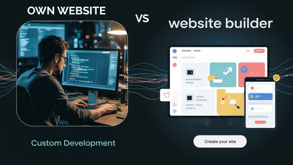 custom website code, website builder dashboard, coding vs builder, drag and drop site, HTML CSS screen, build vs buy website, DIY website tools, web developer coding, site builder interface, website design choice