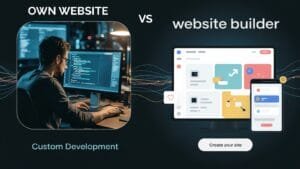 custom website code, website builder dashboard, coding vs builder, drag and drop site, HTML CSS screen, build vs buy website, DIY website tools, web developer coding, site builder interface, website design choice