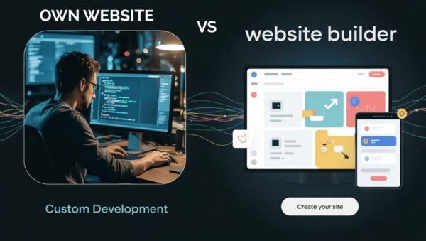 custom website code, website builder dashboard, coding vs builder, drag and drop site, HTML CSS screen, build vs buy website, DIY website tools, web developer coding, site builder interface, website design choice