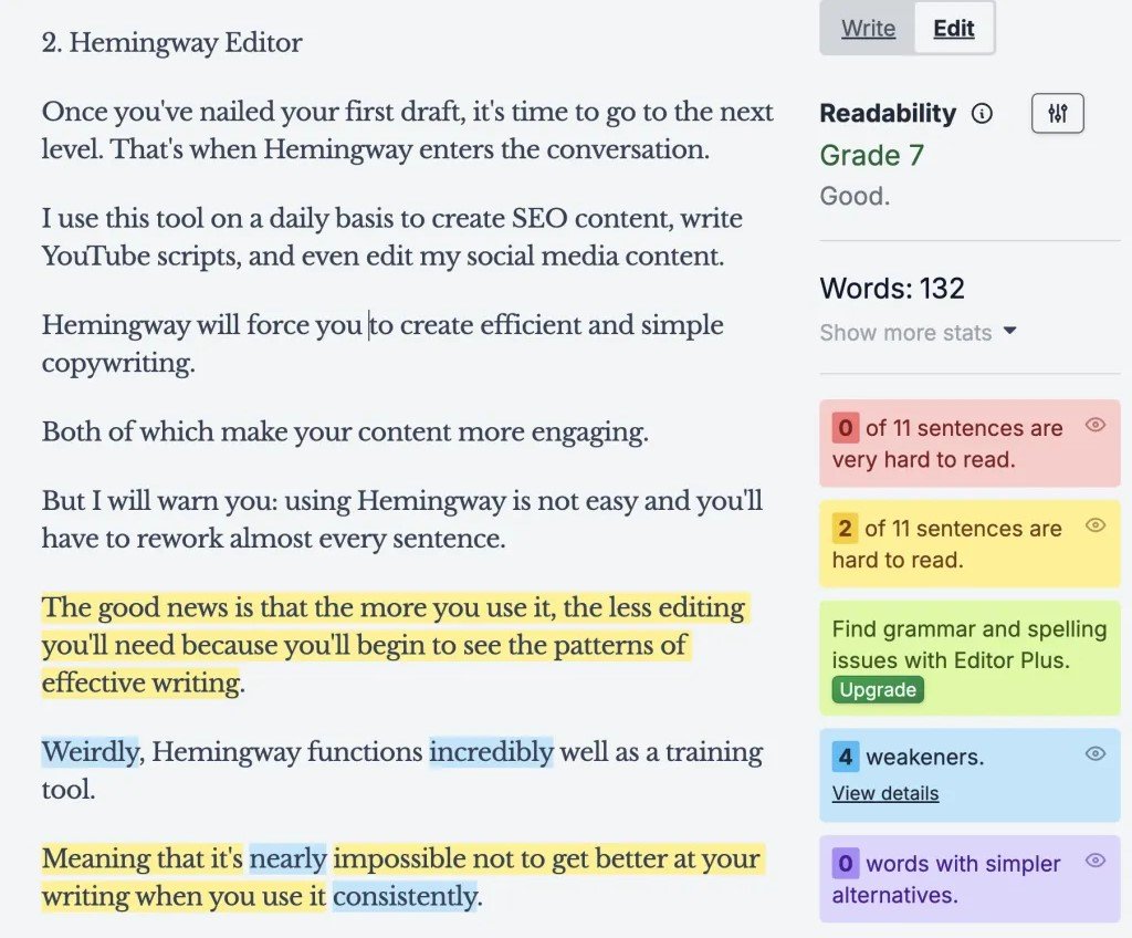 11 Best SEO Content Optimization Tools for 2025 (Complete Guide) 2 Hemingway Editor - Best for Advanced Content Editing